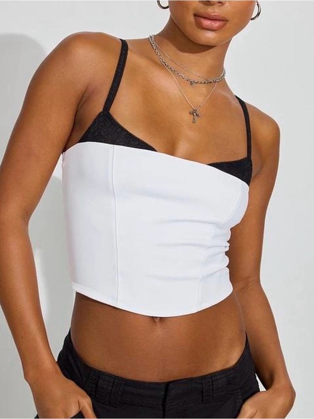 White Cropped Tank Top with Black-Strap Detail